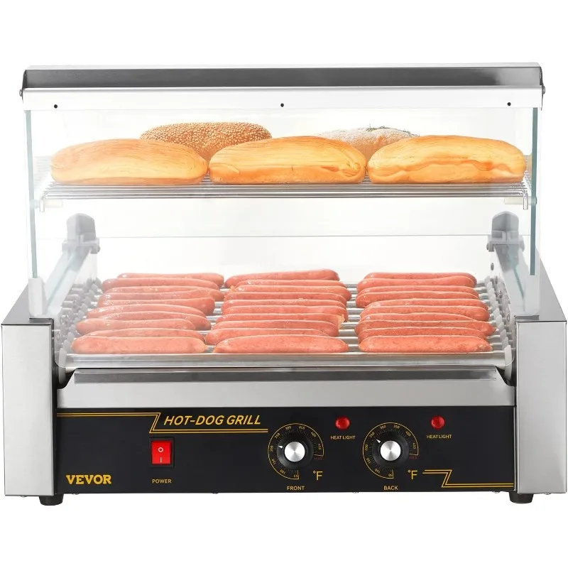 

VEVOR Hot Dog Roller, 30 Hot Dog Capacity 11 Rollers, 1650W Stainless Steel Cook Warmer Machine with Cover & Dual Temp Control