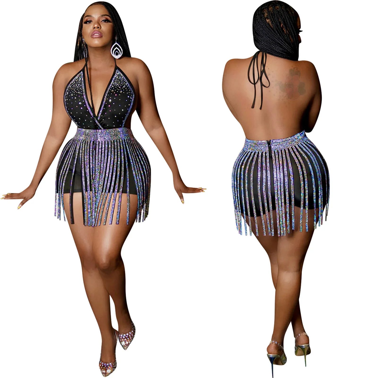 Womens Clubwear Glitter Rhinestone Bodysuit And Tassel Skirt Set Deep V Neck Halter Sleeveless Backless Romper Modern Dancewear