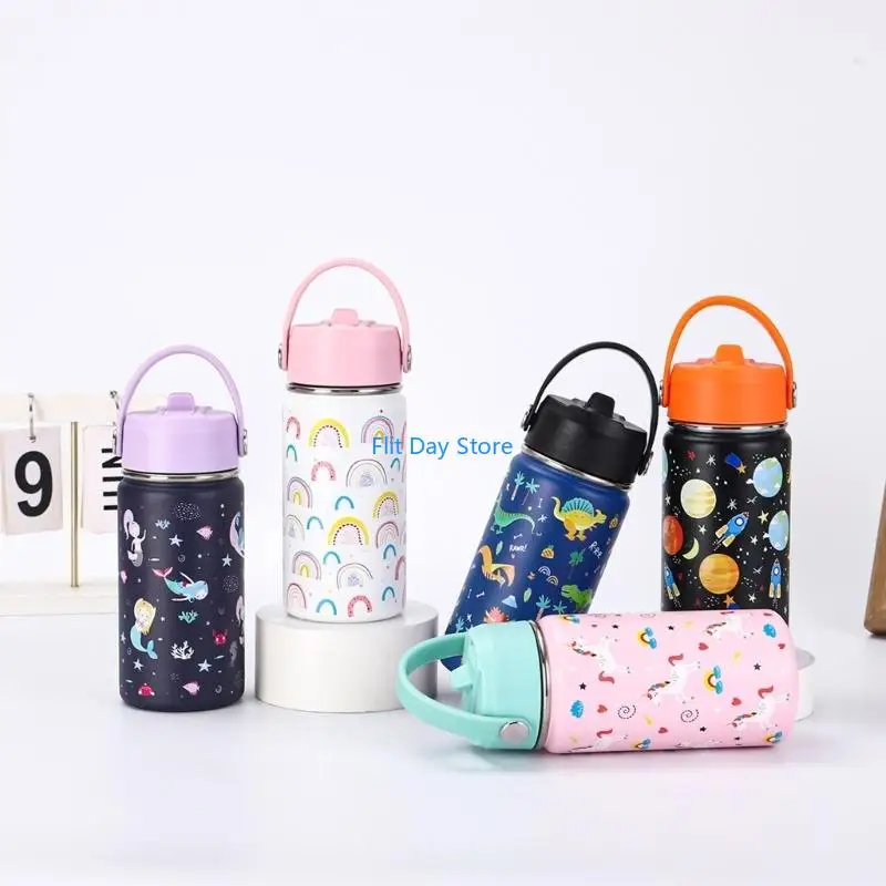 F92C Stainless Steel Tumblers Cartoon Handle Insulated Cup Includes Straw