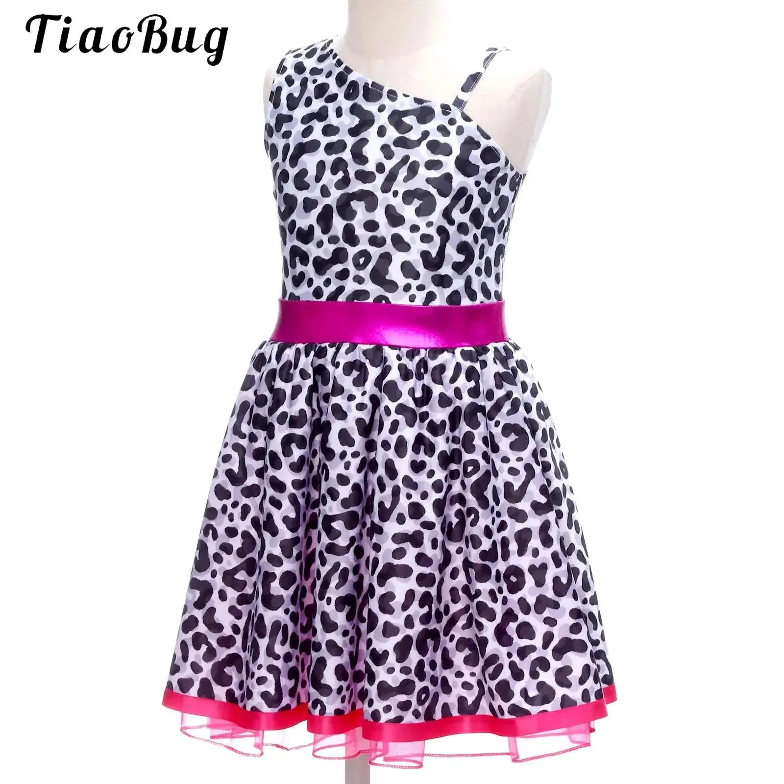 

Kids Girl Diva Classic Costume Asymmetric Strap Printed Glossy Waist Band Puffy Ruffled Skirt Halloween Party Performance Outfit