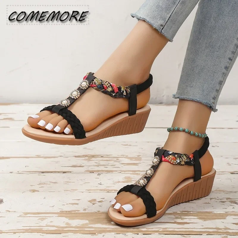 Women‘s Sandals Summer Flat Heel Bohemian Sandals 2025 Rhinestone Mixed Color Ladies Elastic Band Open Toes Beach Shoes Non-slip