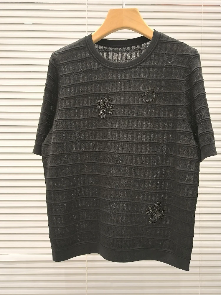 

Высококачественный круглый трикотажный топ с вышивкой бисером для женщин, летний дизайн, универсальный сладкий слэ