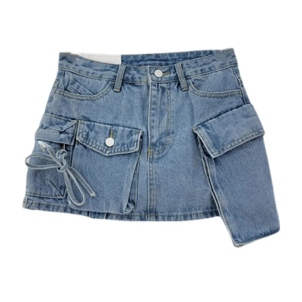 

Y2K Low Waist 3D Pockets Mini Denim Skirt With shorts lining Sexy Rope Bow Side Package Hips Short Skater Light blue gray white