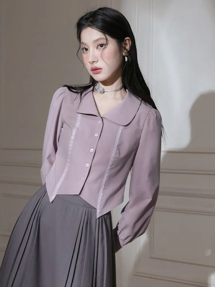 Women Blouse 2024 New Spring Summer Fashion Sweet Purple Skirt Full Sleeve Slim Women Tops Luxury