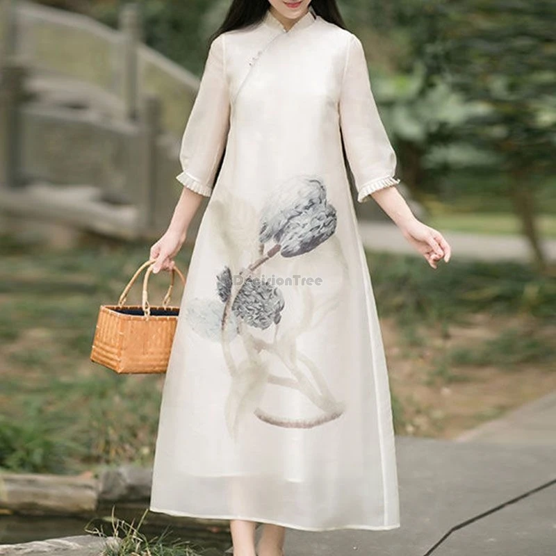 

2025 новый китайский ретро-стиль, повседневный длинный костюм Тан, летнее женское свободное платье с воротником-стойкой и половиной рукавов, длинное платье Cheongsam из пряжи