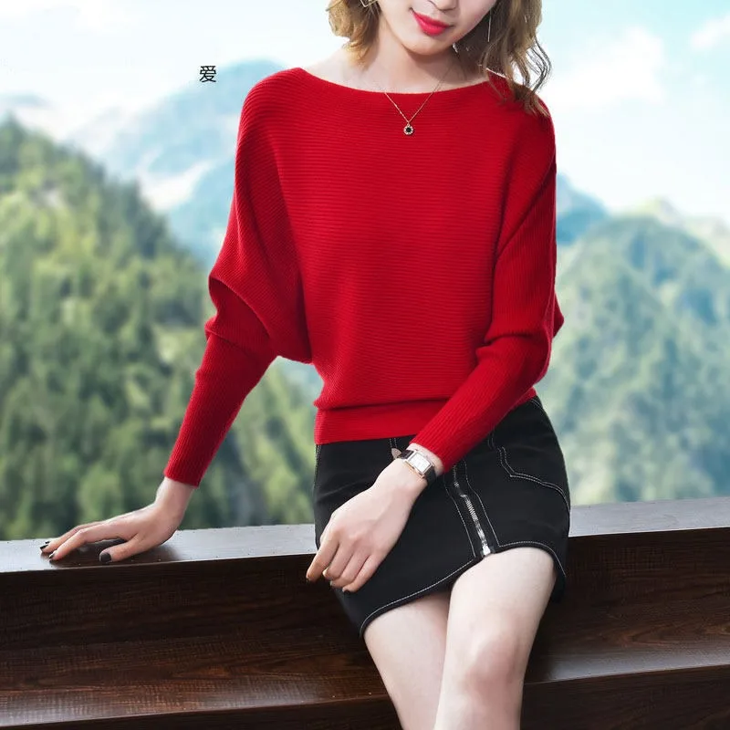 Spring and Autumn Loose One Collar Bat Bat Sweater Women\'s Bottom Knitted Sweater New Long Sleeve Solid Color Top