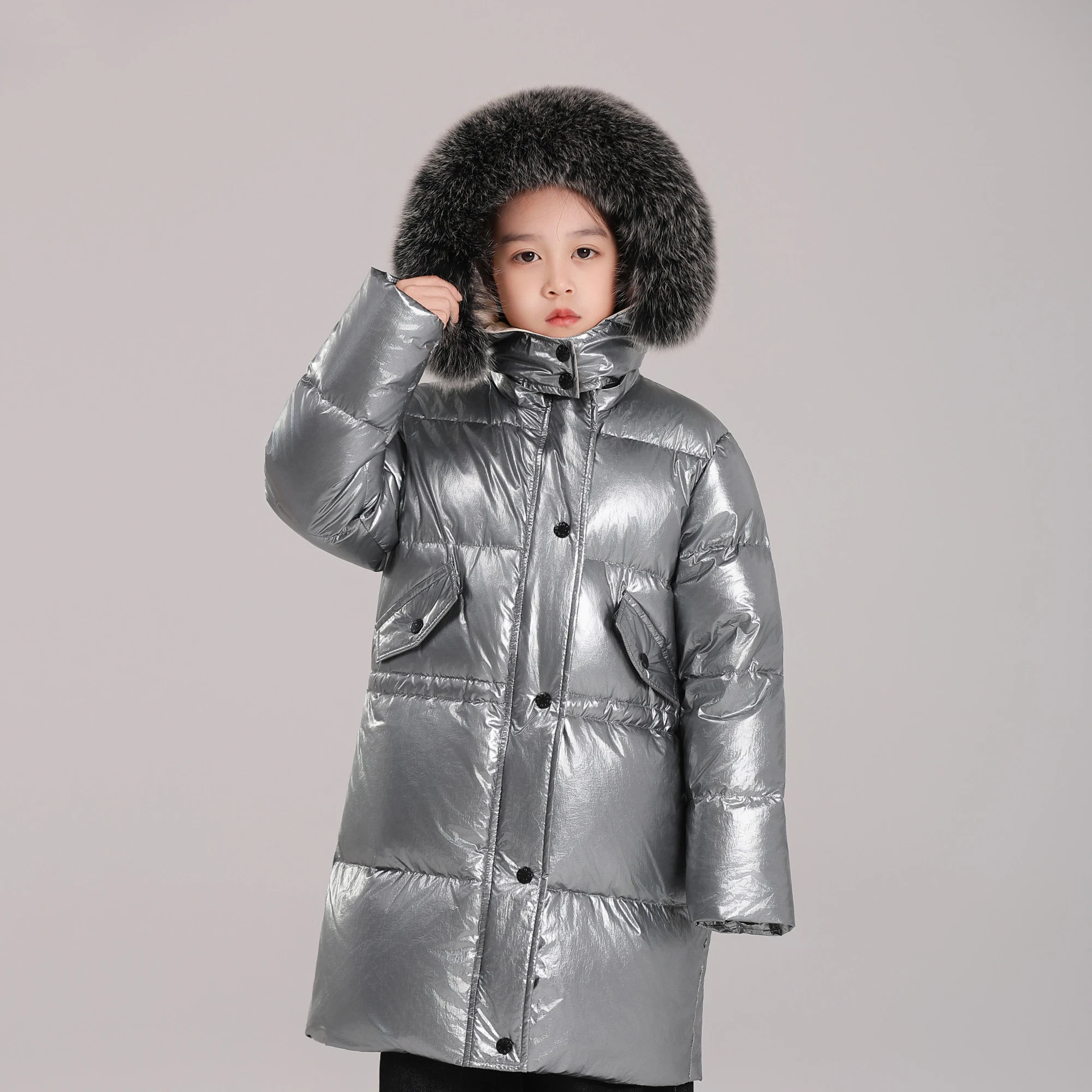 Winter New Kids Mid Long Down Parka Real Fur Hood Thickened White Duck Down Windproof Warm Children Thick  Hooded Outerwear