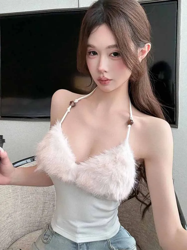 Sexy Spicy Girl Furry Patchwork Halter Vest Backless Slim Fit Waist Sleeveless Crop Top 2026 Summer Outerwear Y2k Tanks