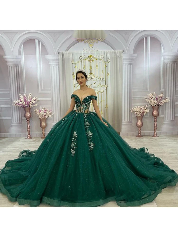 Роскошное зеленое платье Quinceanera, бальное платье с открытыми плечами, кружевное тюлевое платье с аппликацией, сексуальные платья, милое праздничное платье для девочек 16 лет