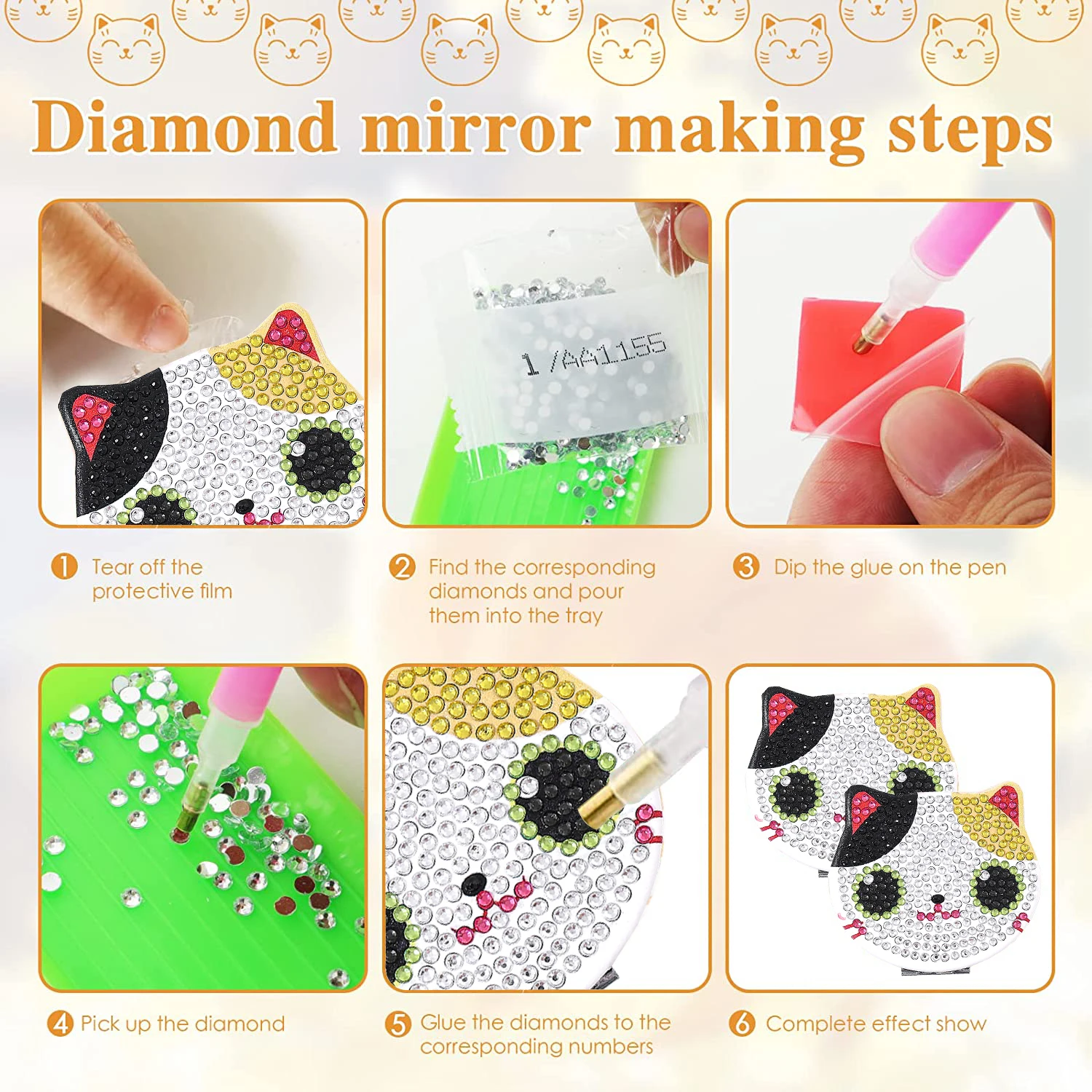 1 piece/set DIY Cat Pattern Art Compact Portable Folding Mirror Kit for Girls Diamond Painting Pocket mirror for adults