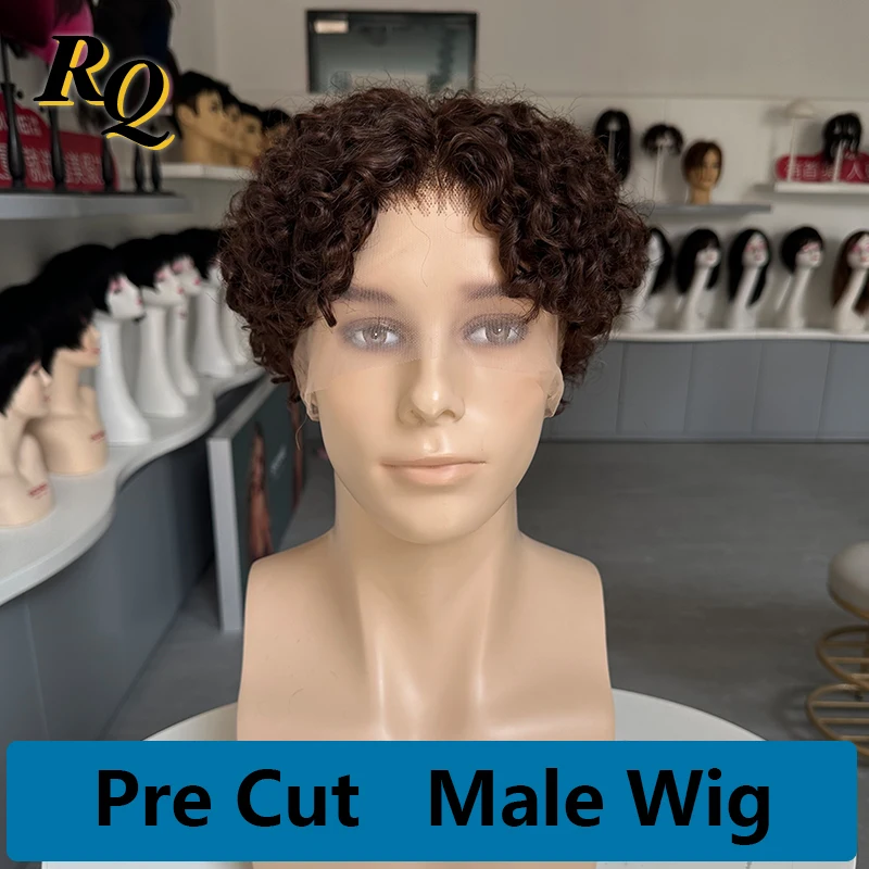 

Curly Male Wig Pre Styled Short Cut Full Lace Wig For Men Fashion Toupee Virgin Human Hair Replacement System Brown Color 2