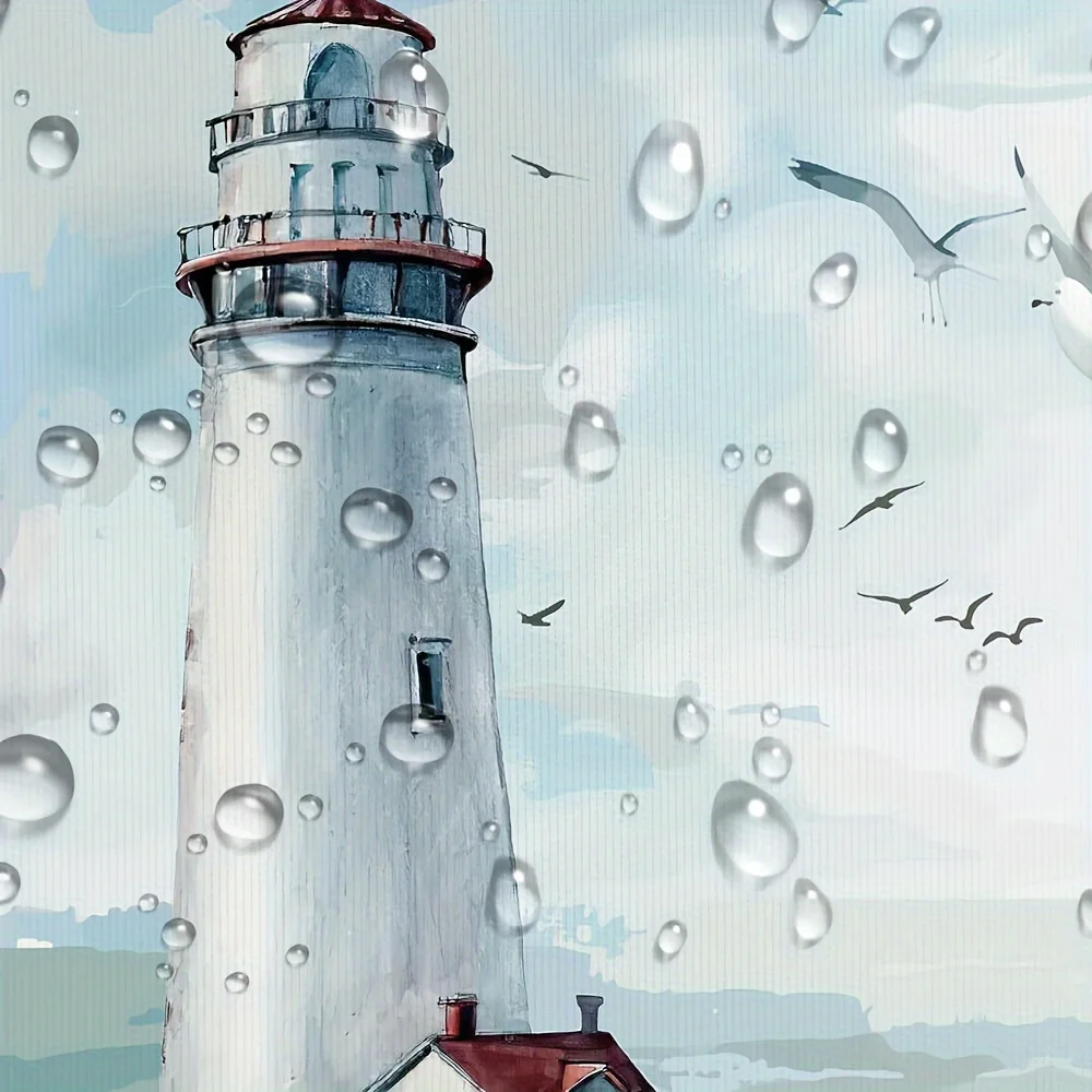 Coastal Charm Shower Curtain- Ocean Beach & Lighthouse Design, Waterproof Polyester With Hooks, Perfect For Bathroom Decor