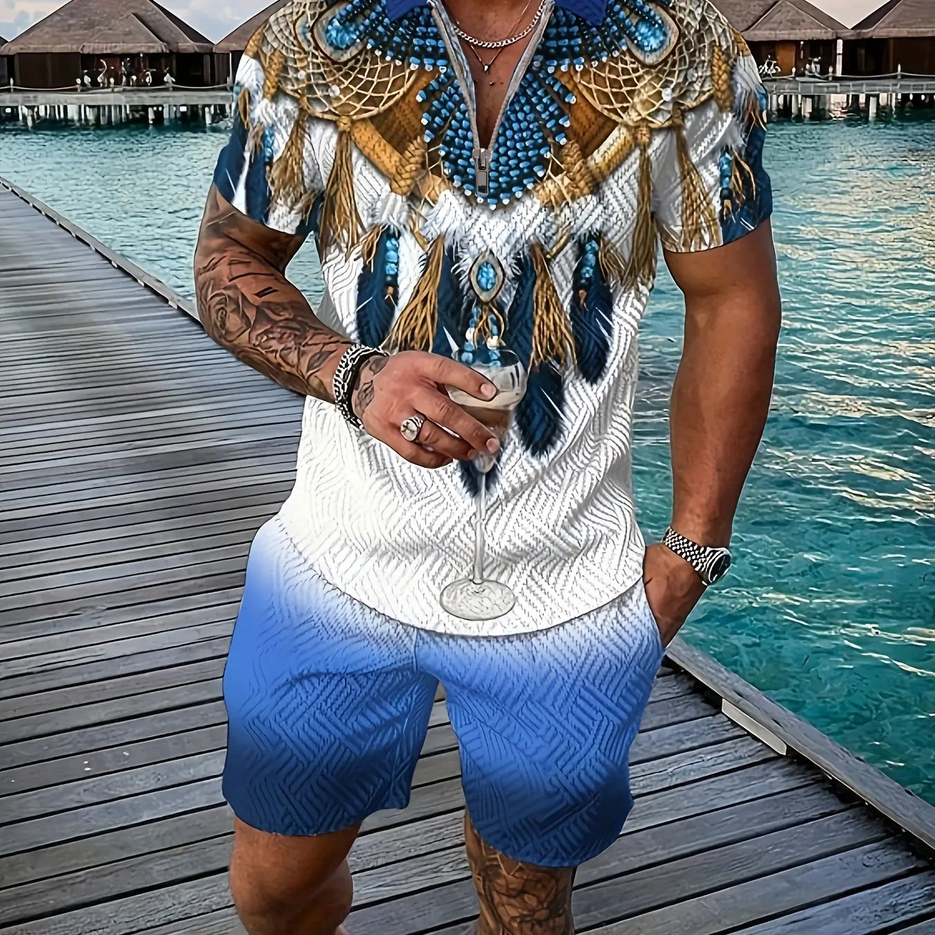 Conjunto de moletom estampado Totem 3D masculino, estilo nacional retrô, camisa polo e shorts com zíper, roupas masculinas, conjunto treino verão, 2