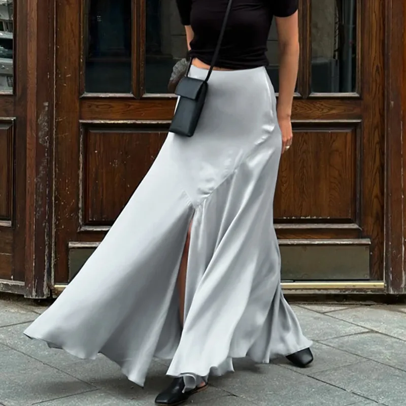 Elegant Satin Long Skirt Women High Waist A Line Silhouette With Subtle Slit Spring Maxi Skirt For Commute Street Style Wear New