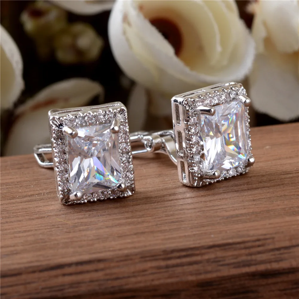 GRACE JUN Top Quality 18K White Gold Color Clip on Earrings No Pierced for Women Fashion Cubic Zircon Stud Earrings Ear Clip