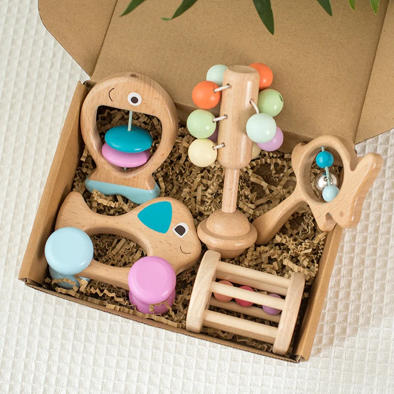 Treeyear Wooden Multi-Stage Sensory 5 PCs Gift Set Montessori Toys for Newborns, Crawling Babies and Walking Toddlers