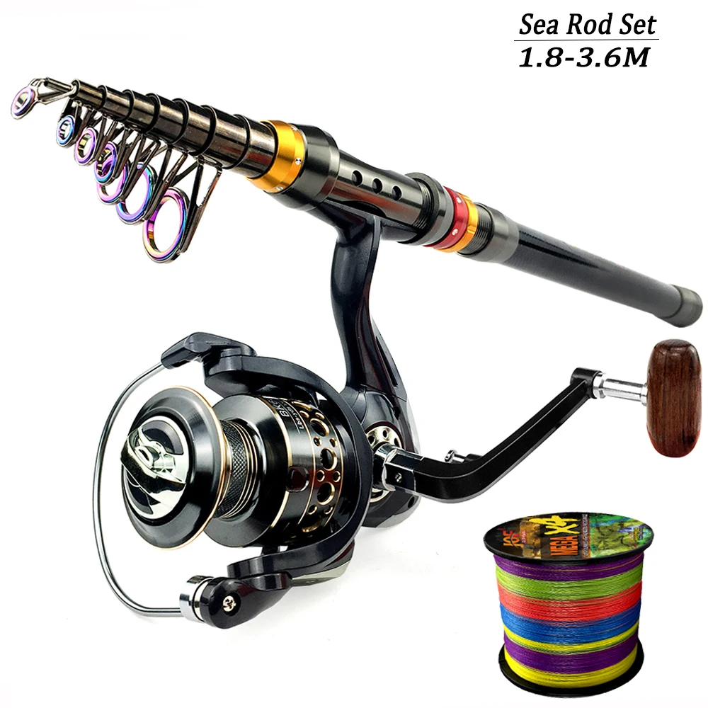

1.8-3.6m Spinning Fishing Rod Reel Combo Travel Carbon Sea Pole 5.2:1 Gear Ratio Metal Spool Wheel with Line Kits for Bass Carp