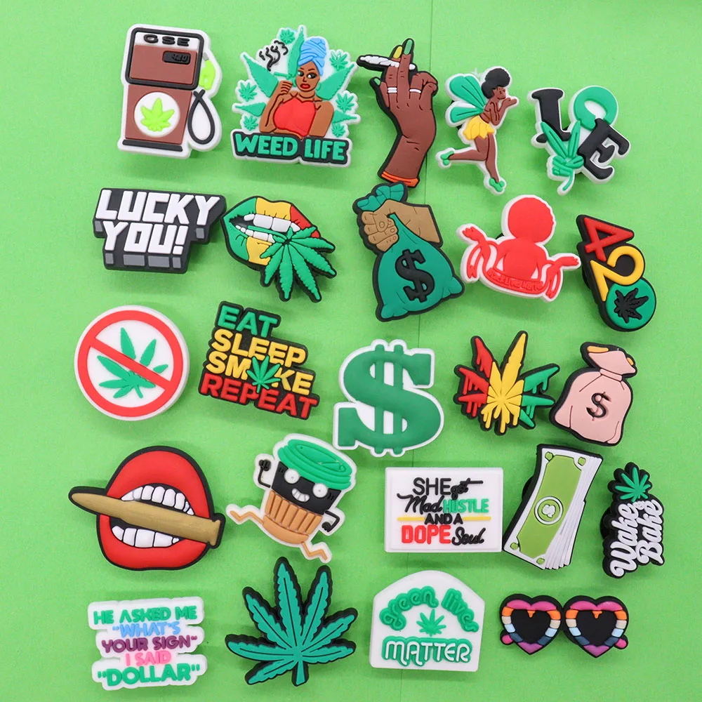 1-24Pcs PVC Shoe Charms Tanker Weed Life Hand Woman Love Lips Money Coffee Buckle Clog Hole Slipper Accessories Decorations image 2