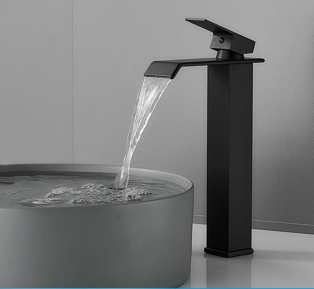 

Modern Waterfall Basin Faucet,Single Lever Cold & Hot Water Mixer Tap,Easy Install for Above Counter Sink,Lead-Free for Home