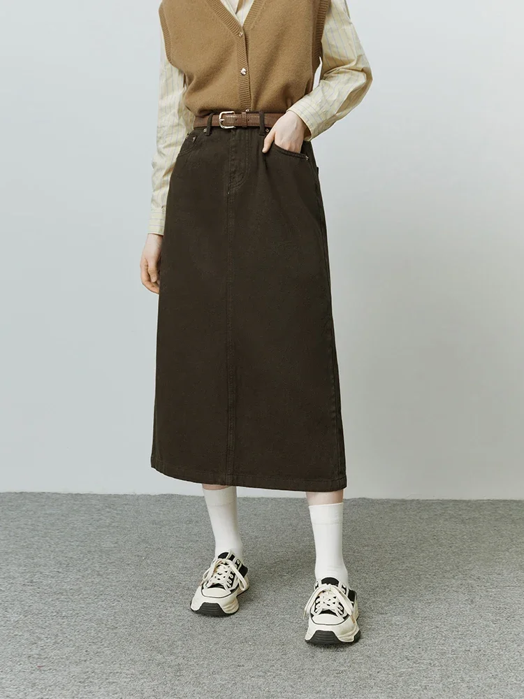 FSLE 100% Cotton Vintage High Waist A-Line Denim Skirt For Women Autumn Winter 2022 Casual Straight Women Ankle-Length Skirts