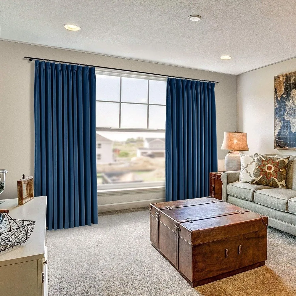 Navy Blue Double Pinch Pleated Curtains with Hooks for Living Room, Bedroom, and Bungalow, 96 Inch Wide Window Curtains Measurem
