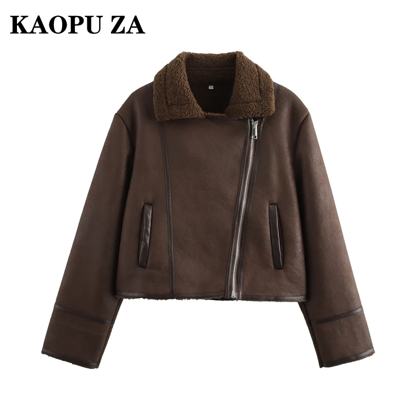 KAOPU ZA Winter Female Vintage Long Sleeve Fleece Jacket Casual Autumn Woman's Turn-down Collar Coat Keep warm Leather Jacket