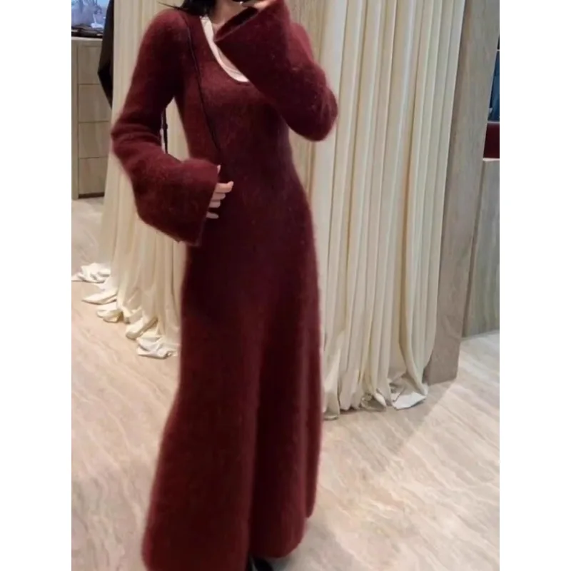

New Year Autumn-Winter Red Long-Sleeved V-Neck Waist-Slimming Stylish Bottom Knitted Long Dress Thick