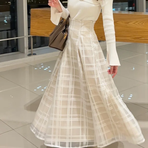 

Japanese High Waist Tartan Skirt, Summer Pleated Midi for Women, Elegant Rich Daughter Style Versatile Outfit