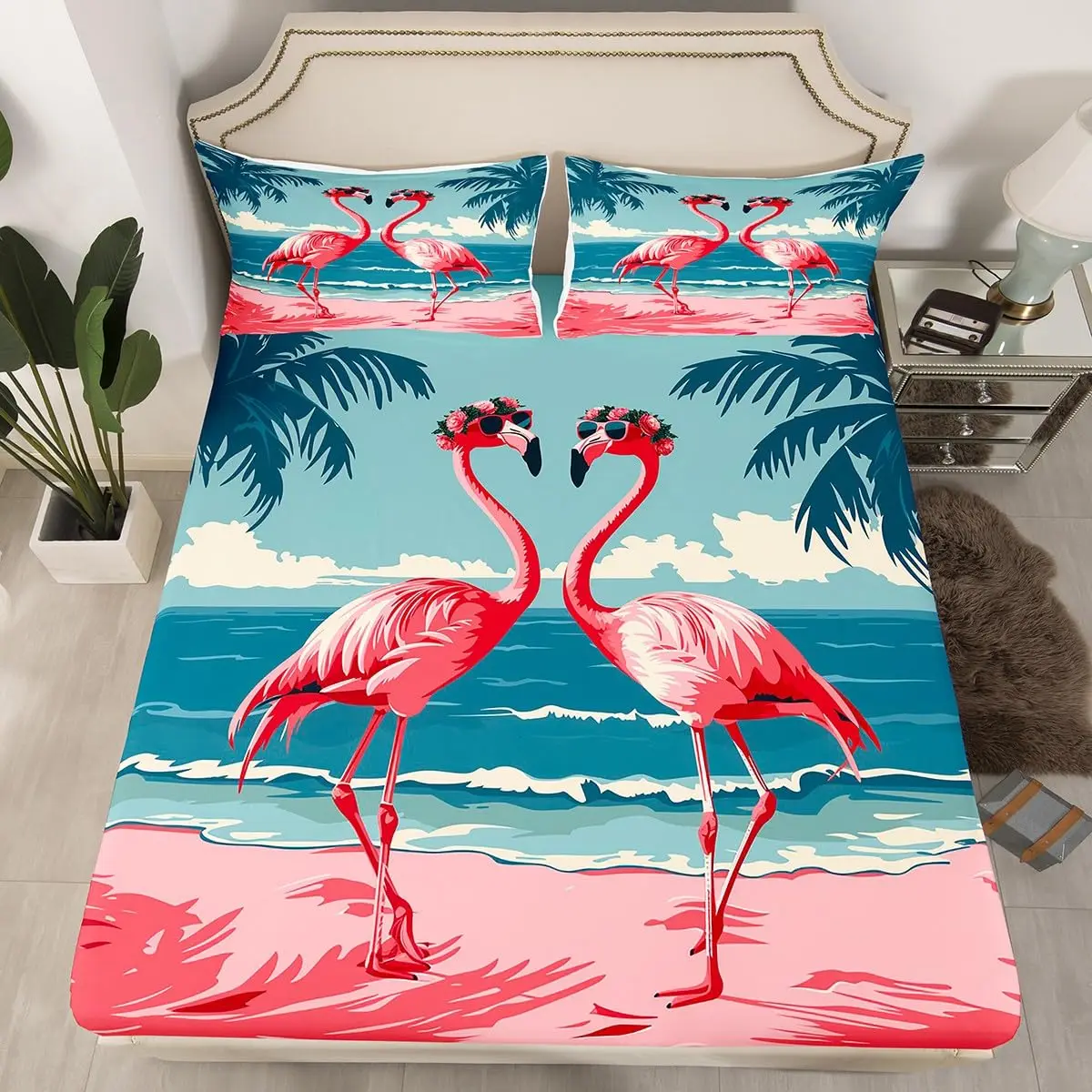 Tropical Flamingo Fitted Sheet for Women Girls Botanical Coconut Tree Leaves Print Bed Sheets Summer Hawaii Sheets Twin Queen