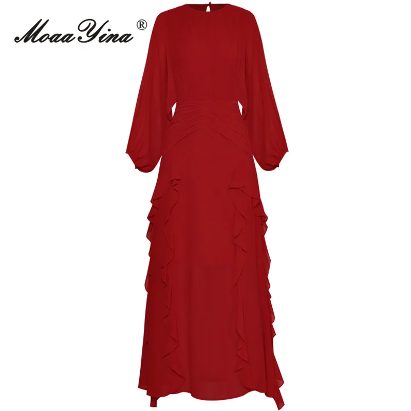 

MoaaYina Autumn Fashion Designer Red Vintage Party Dress Women's O Neck Wrist Sleeve Ruched High Waist Ruffles Slim Long Dresses