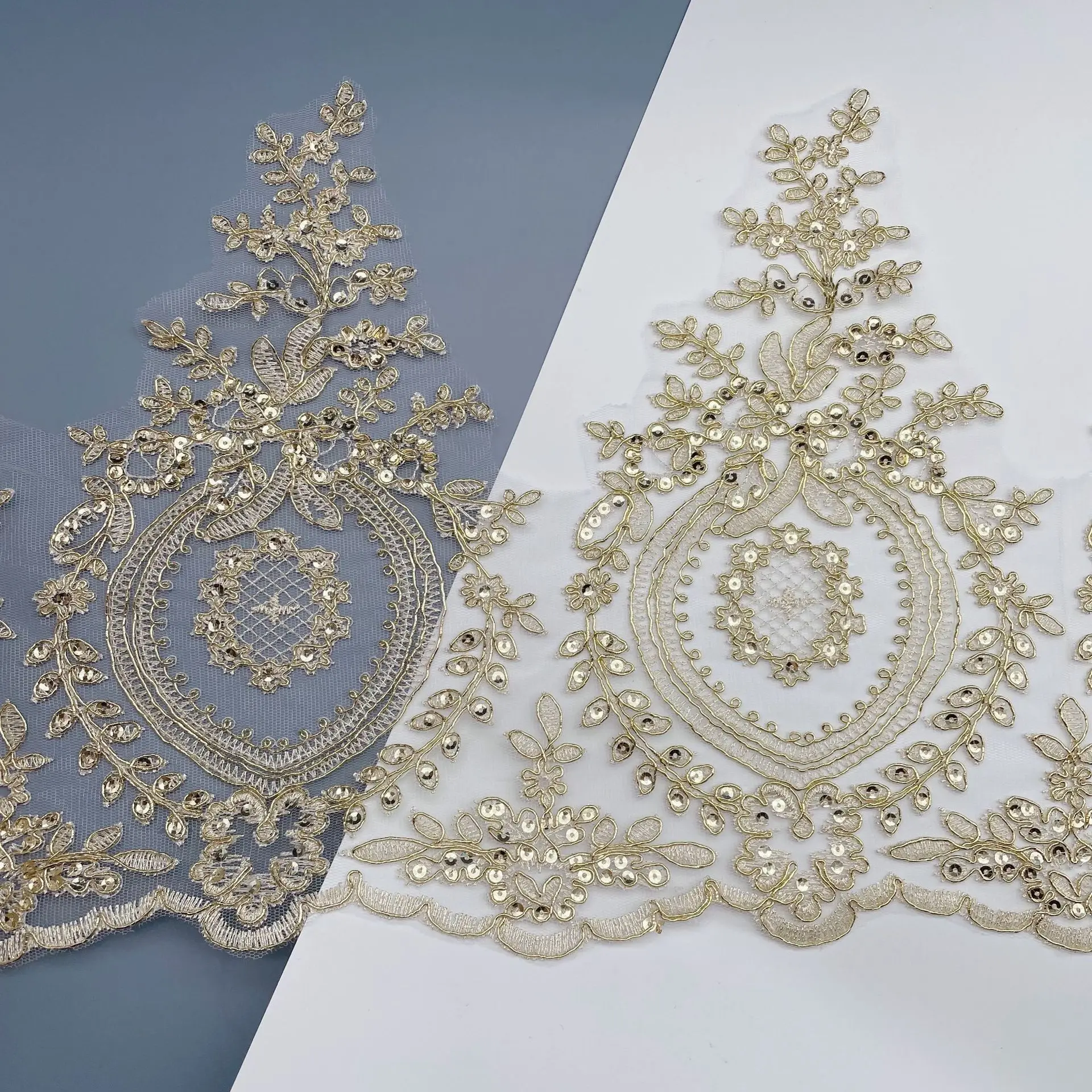 1 Yard 28cm wide Ssequins Hot Sale Light Gold Mesh Lace Trim Luxury Embroidery Light Gold Lace Fabric for Wedding Dresses