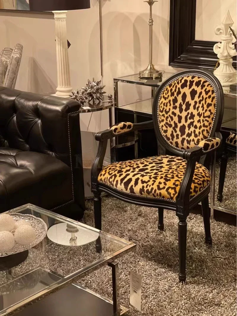 French solid wood carving flower fabric, black leopard print round back, retro old bedroom American chair
