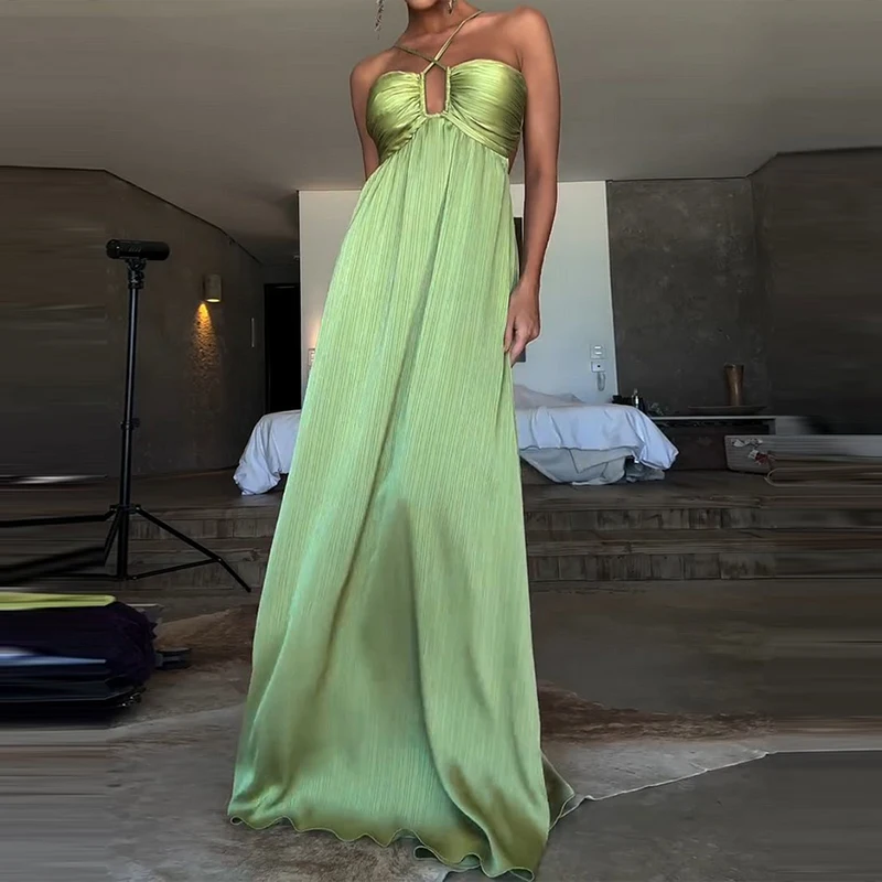 Summer Sexy Slim Pure Color Pleat Evening Dress Elegant Hollow Out Tie Up Dress Fashion Sleeveless Backless Tube Top Party Dress