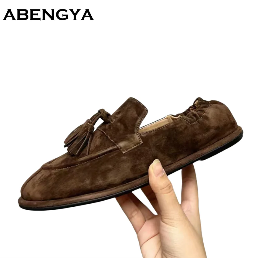

ABENGYA/весенние замшевые лоферы, женская повседневная обувь без шнуровки с бахромой, сабо с декором, балетки на плоской подошве, женская обувь 2025