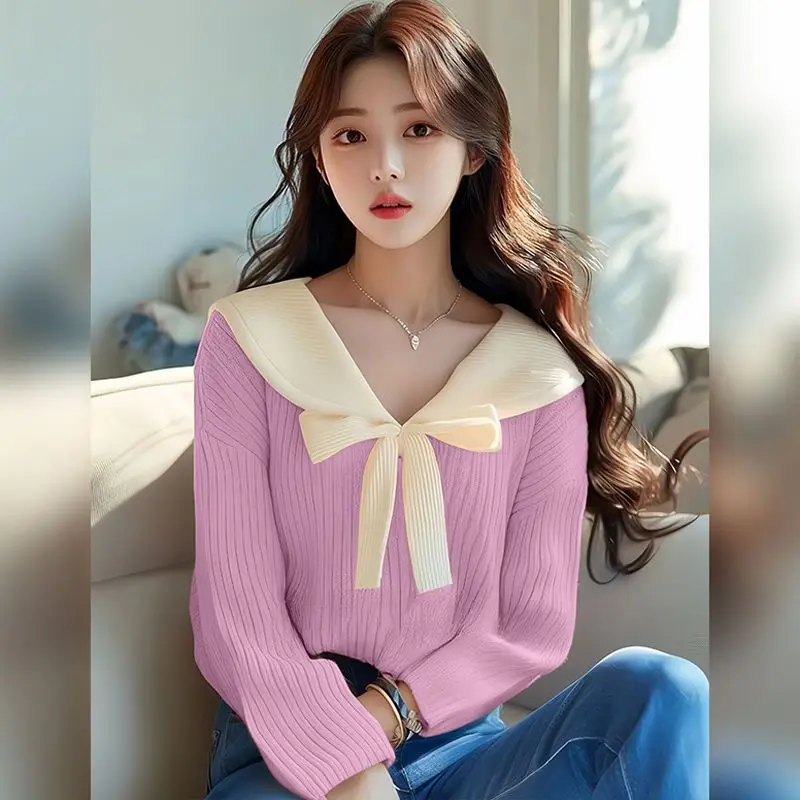 Sweet Turn-down Collar Bow Sweater Women Autumn Simplicity Loose Solid Color Knitwear Casual All-match Office Lady Knitwear Tops