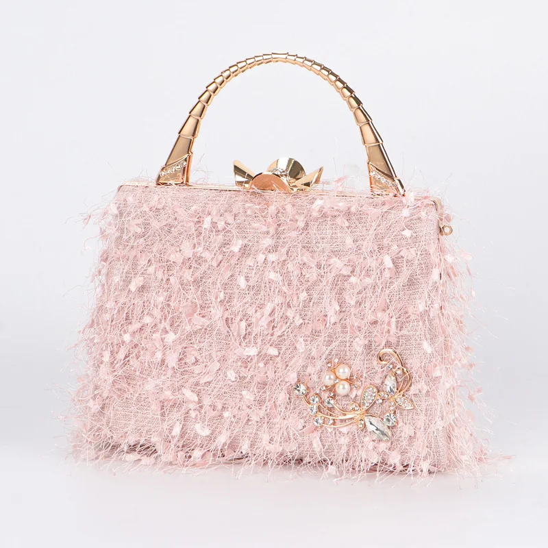 Sac à main carré avec pompon pour femme, robe formelle pour femme, sacs de soirée assortis, sacs en fourrure avec appliques de perles, cadeau élégant, nouveau, 2024