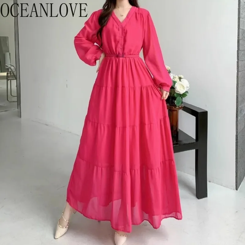 

OCEANLOVE Chiffon Long Dresses Beach Style A-line Solid V Neck Elegant Women Dress Fashion Spring Autumn Vestidos Mujer