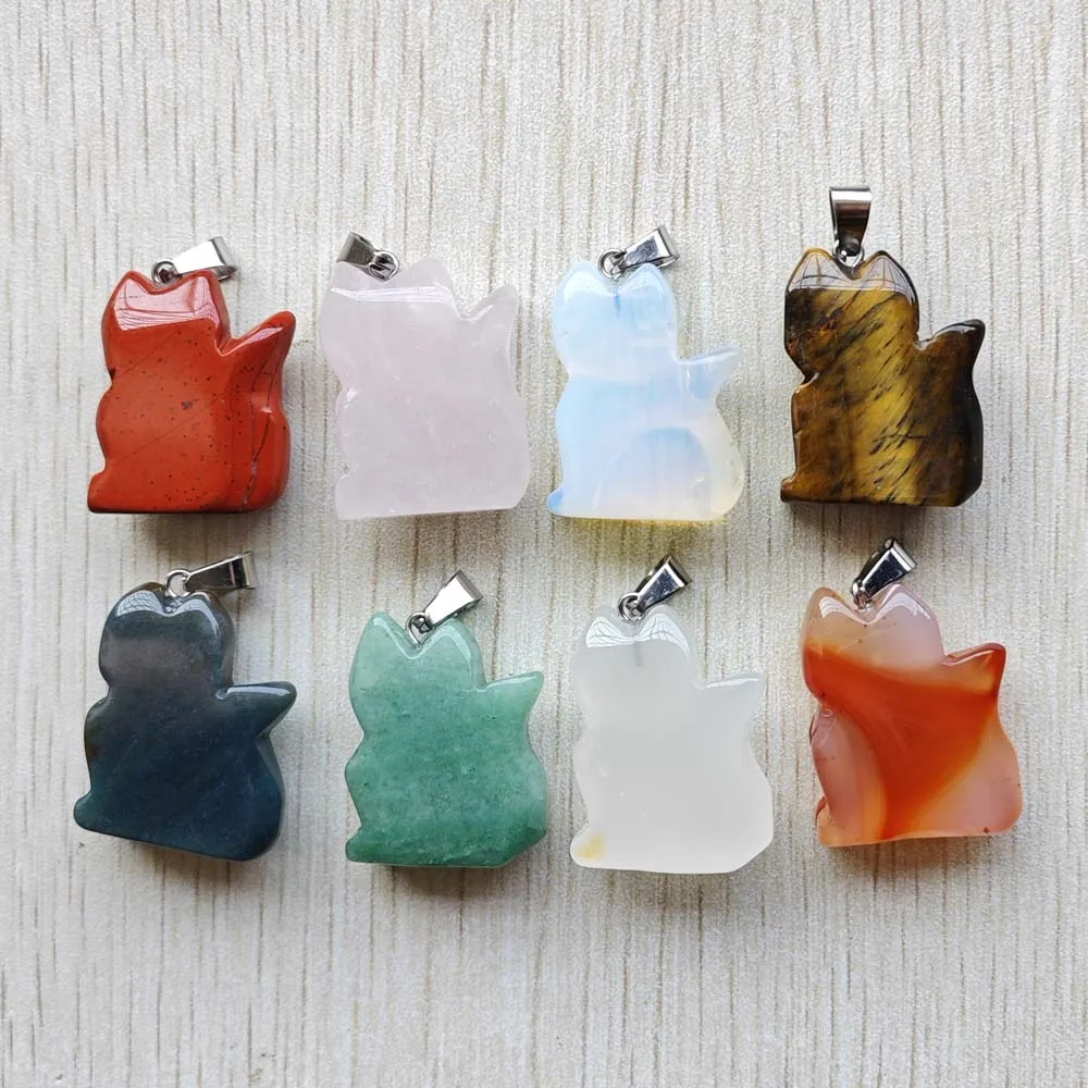 New Fashion mixed natural gemstone carved cat shape pendants for Necklaces jewelry making 8pcs/lot Wholesale free shipping