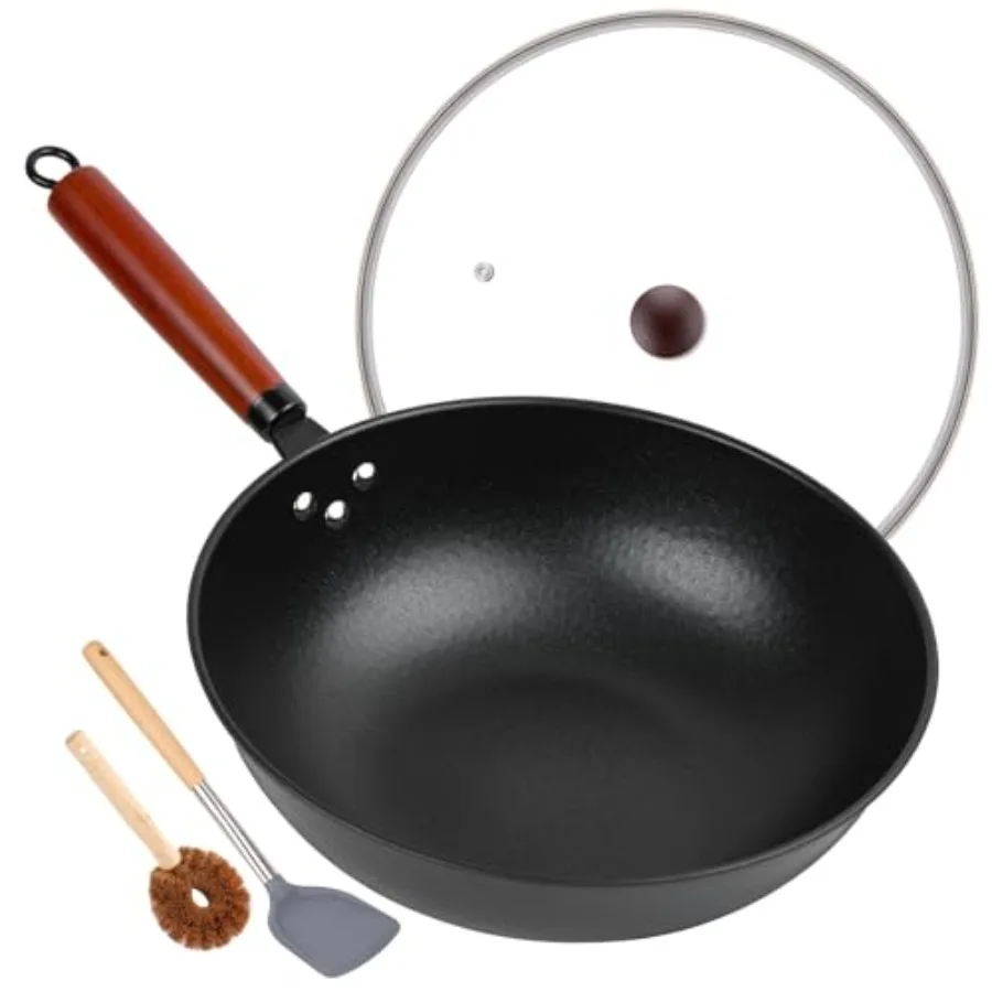 

13" Nonstick Wok - Wok Pan with Glass Cover, Carbon Steel Woks and Stir-Fry Pans: Flat Bottom Chinese woks for Electric, Induct