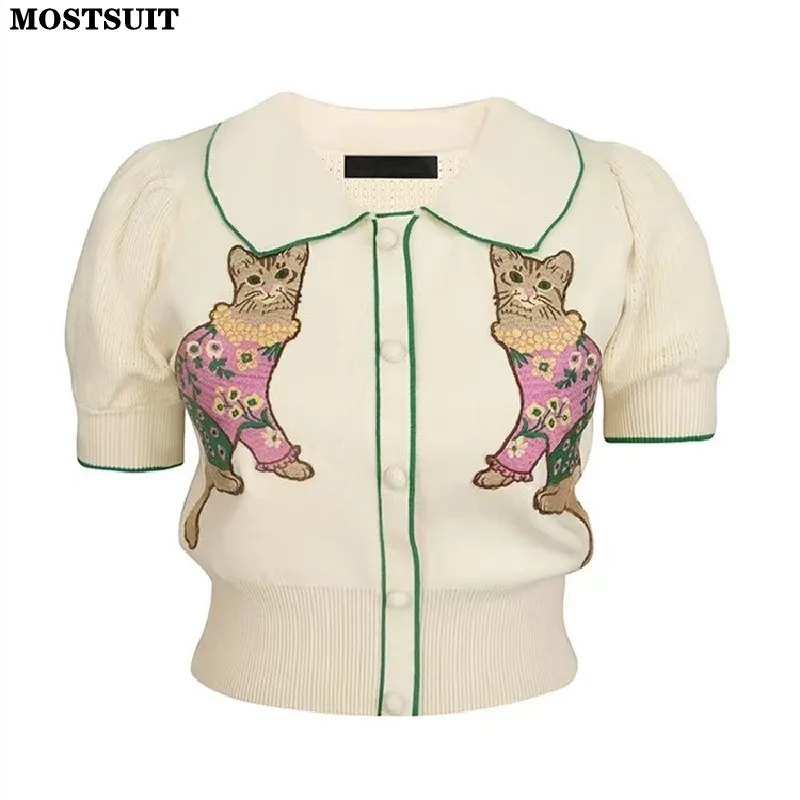 Stylish Sweater For Women Summer 2024 New Fashion Cartoon Embroidery Short Sleeve Knitwear Tops Elegant Chic Ladies Jumpers