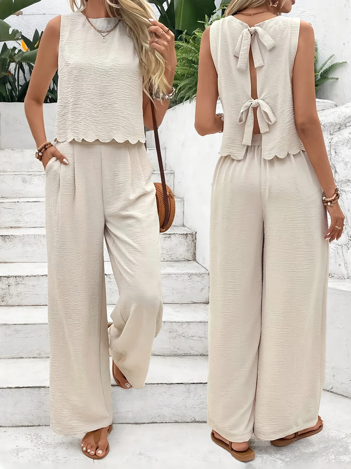 

Women's Summer Muscle Simple Everyday Old Money Style Linen Tie Two Piece Set, Shell Trimmed Sleeveless Top And Pants Set