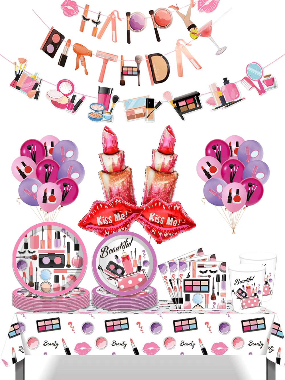 Spa Make-up Party-Zubehör, Tischgeschirr, Pappteller, Becher, Servietten, Luftballons für Mädchen und Frauen, Kosmetik-Geburtstagsparty-Dekoration – Detail 2