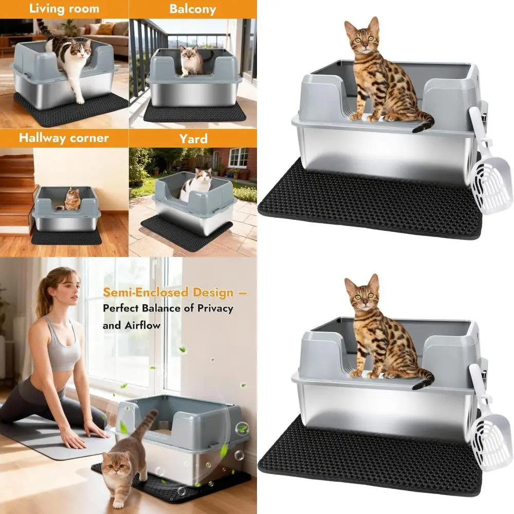 

Большой полузакрытый металлический лоток для кошек с крышкой и ковриком для контроля запаха и легкой очистки (серый)