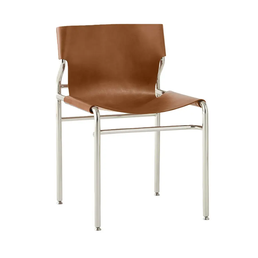 #Modern Luxury Genuine Saddle Tan Velvet Upholstery Sling Dining Chair with Polished Stainless Steel Metal Legs for Dining Room