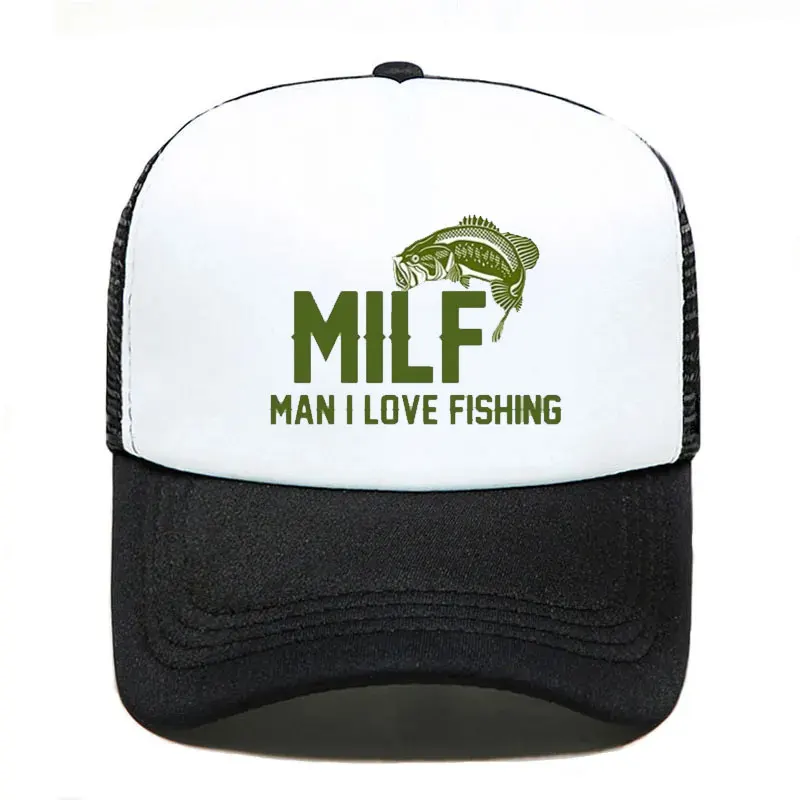 

Man I Love Fishing Slogan Mesh Trucker Hats MILF Bass Sun Protection Snapback Cap Big Mounth Bass Unisex Mesh Net Baseball Caps