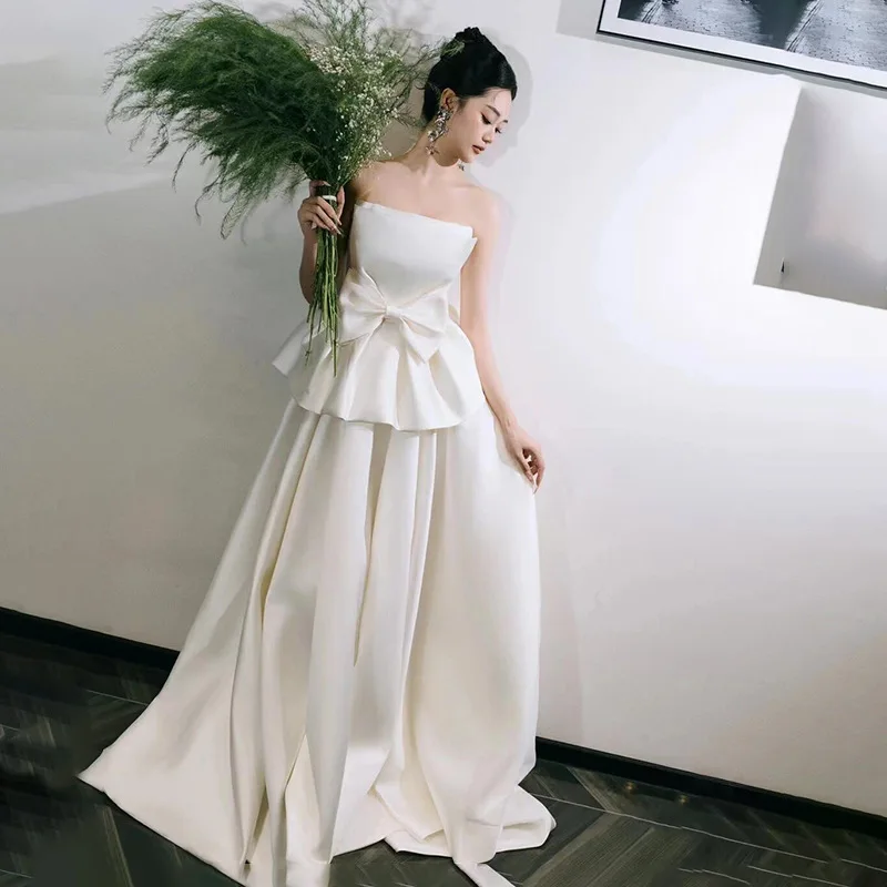 PJN 2025 NEW Bow Strapless Wedding Dress Bride Luxury White Satin Reception Snapshot Party Dresses Women Prom Long Evening Dress