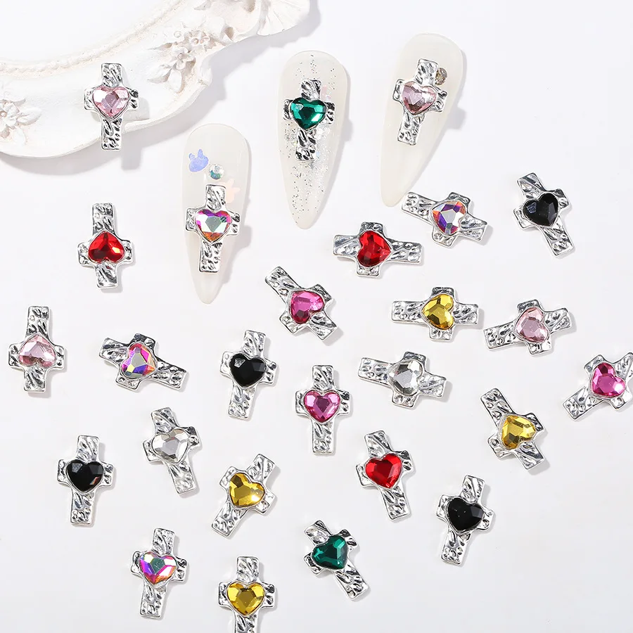 10pcs Silver Alloy Colored Love Cross Nail Charms Gem Jewelry Luxury Zircon Nail Art Accessories DIY 3D Nails Decorations Parts