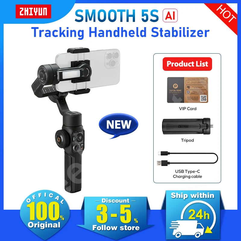 NEW ZHIYUN SMOOTH 5S AI Tracking Handheld Stabilizer 3-Axis Smartphone Gimbal for iPhone 15 Pro Max for Xiaomi for Vlog Filming