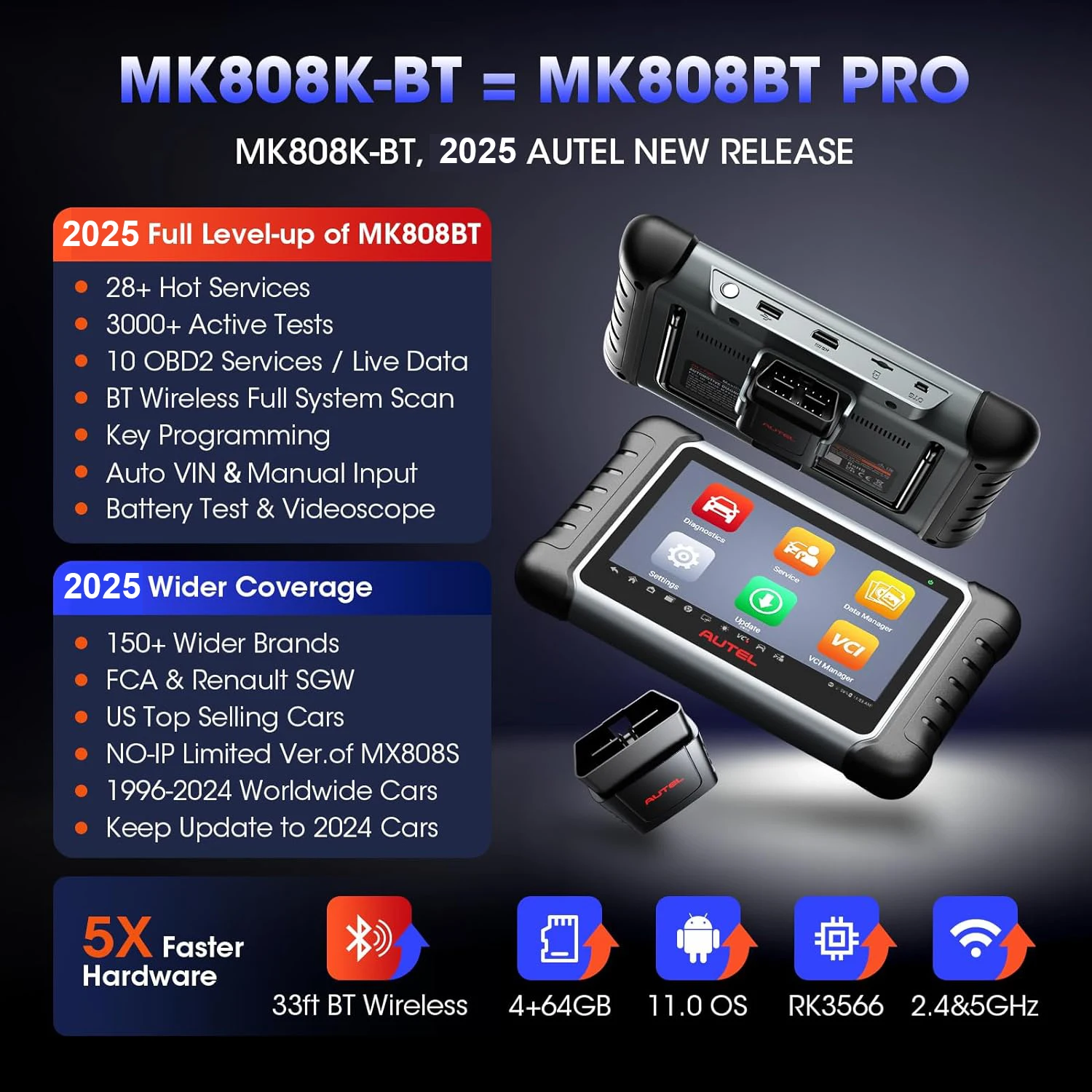 Autel MaxiCOM MK808K-BT أدوات تشخيصية كاملة ثنائية الاتجاه بلوتوث الماسح الضوئي obd2 نفس الماسح الضوئي MK808BT Pro للسيارات