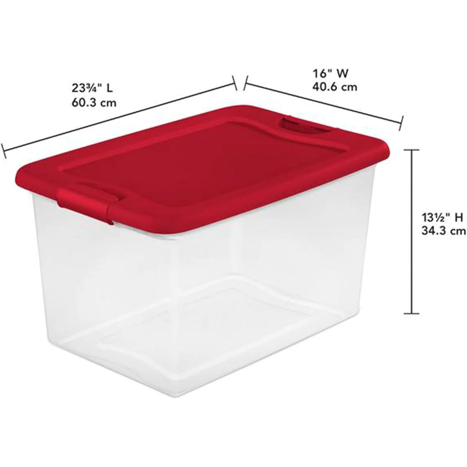 Sterilite 64 Qt Latching Storage Box, Stackable Bin with Latch Lid, Organize Holiday Decor in Closet, Clear Base with Red Lid